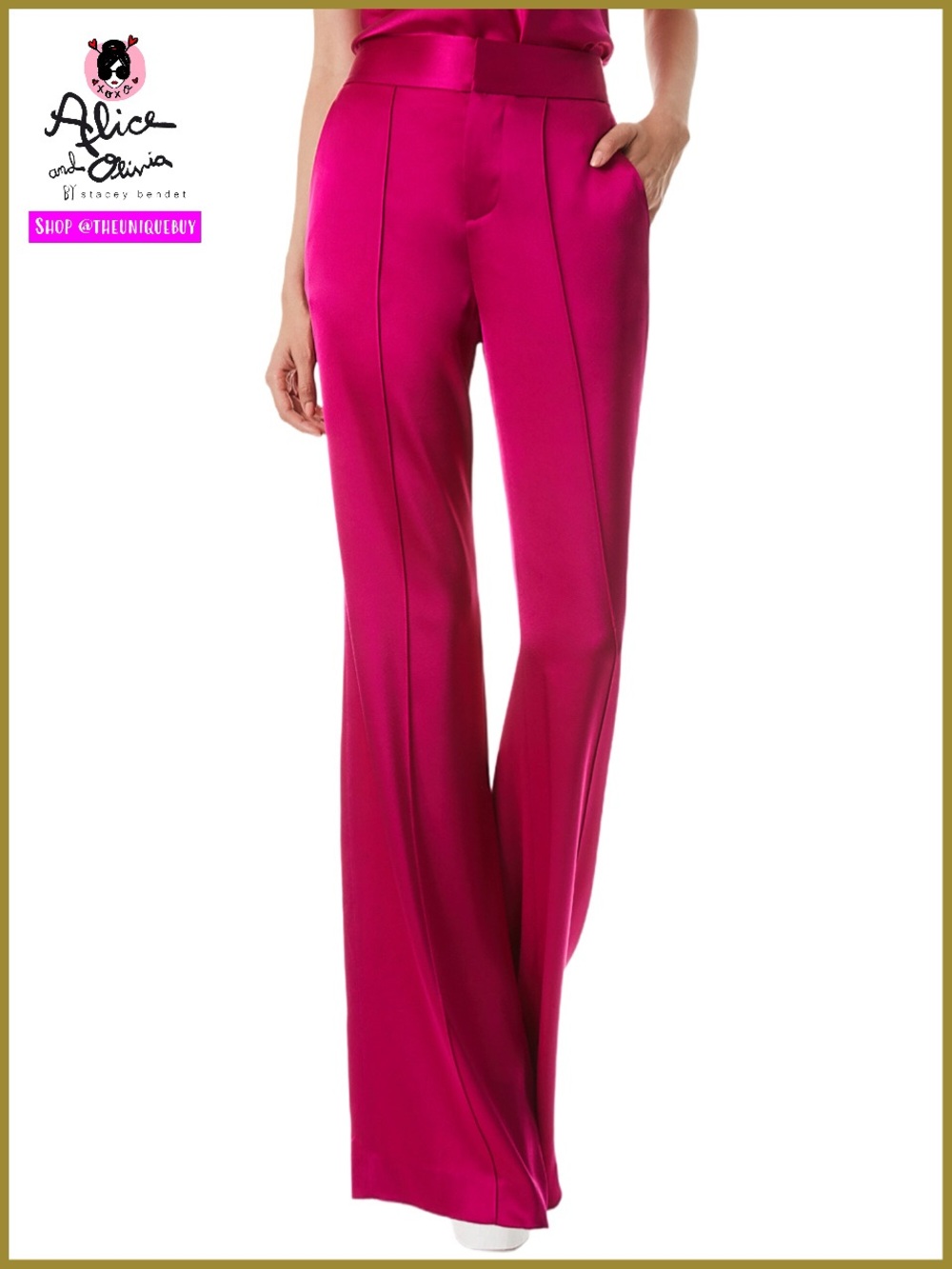 Alice + Olivia Dylan High Waisted Raspberry Pink Wide Leg Satin Pant